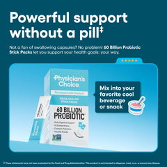 Physician’s Choice probiotic powder dissolving in a cool drink for easy use.