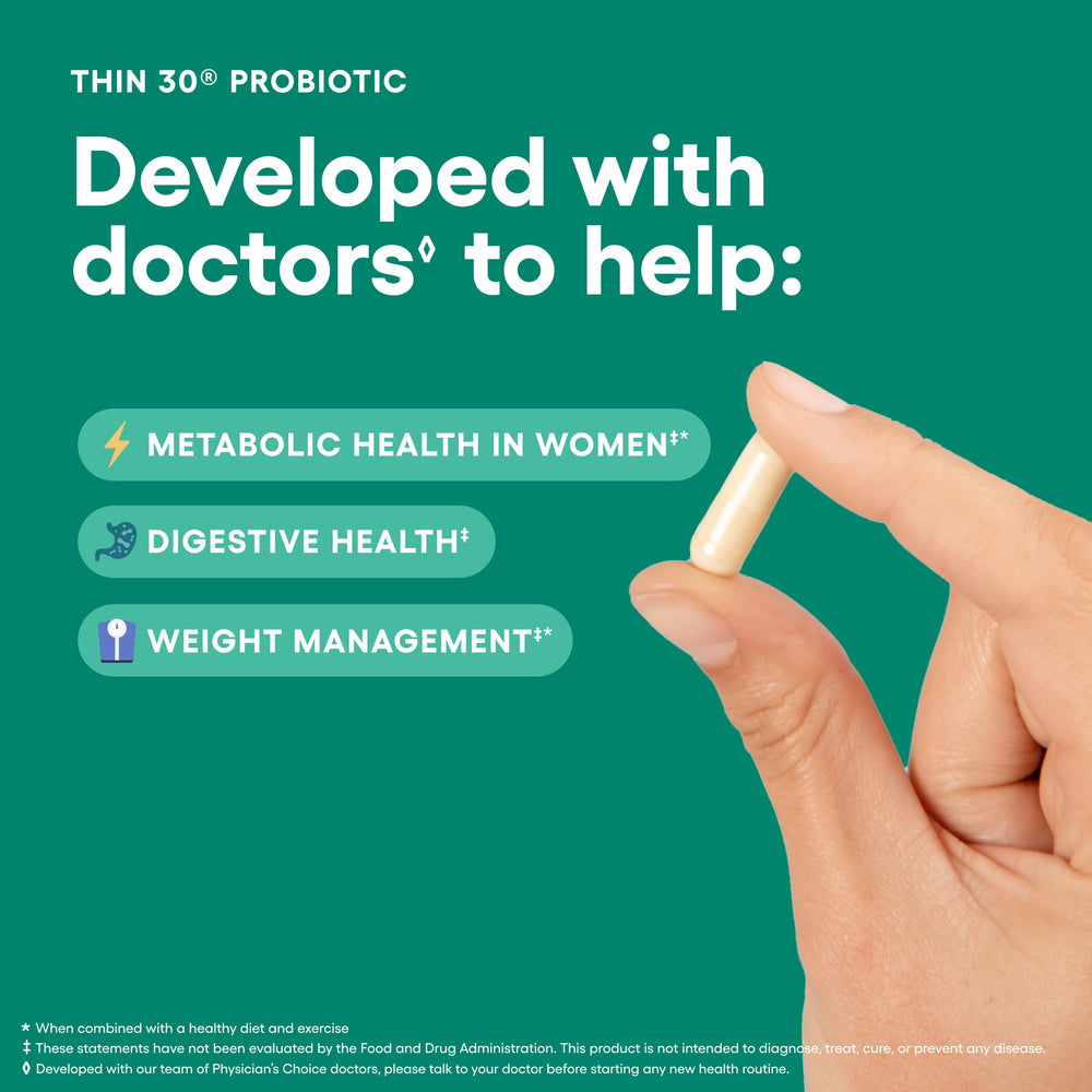Physician's CHOICE Probiotics bottle pour shows easy daily use.