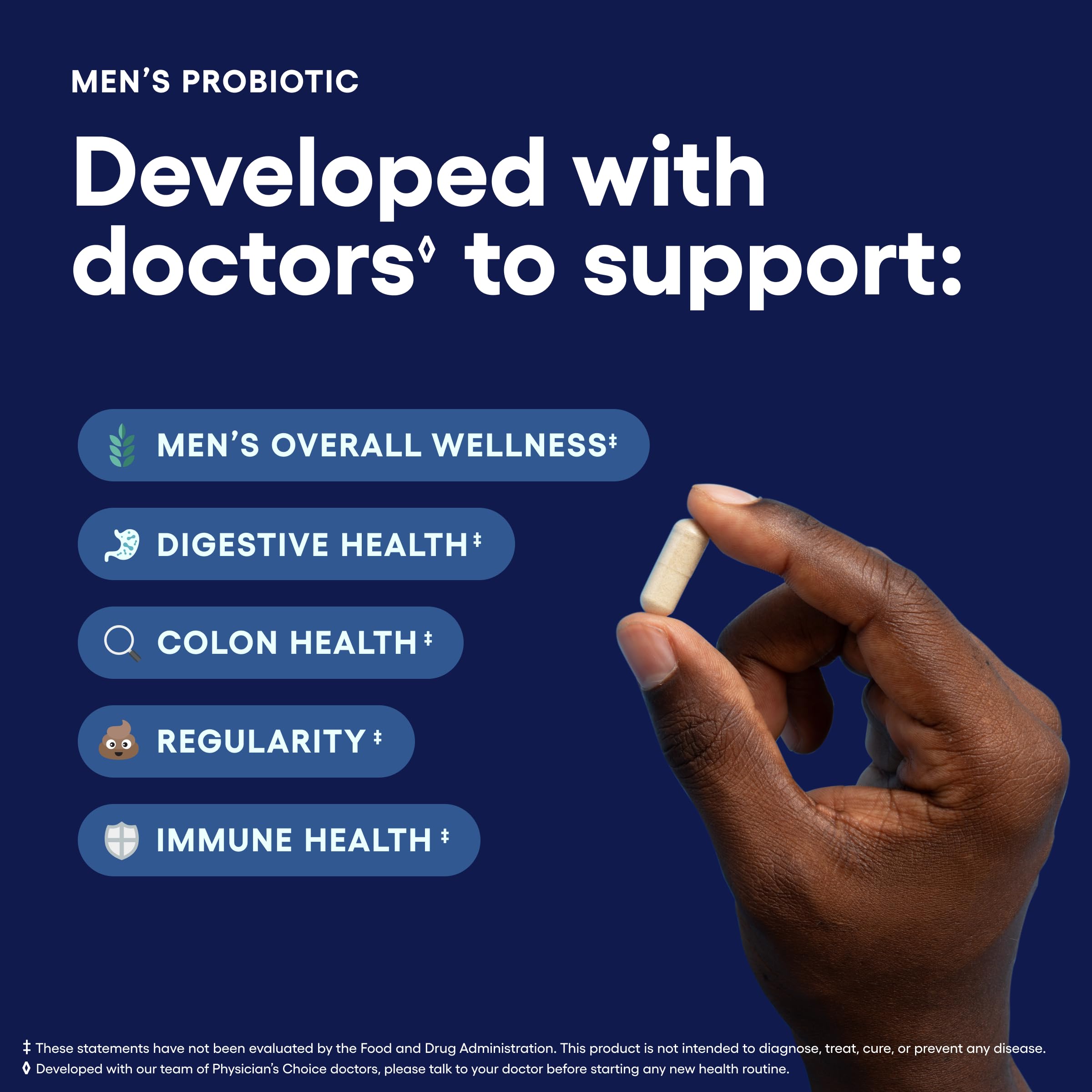 Physician's Choice Probiotics for Men label shows eight strains for broad support.