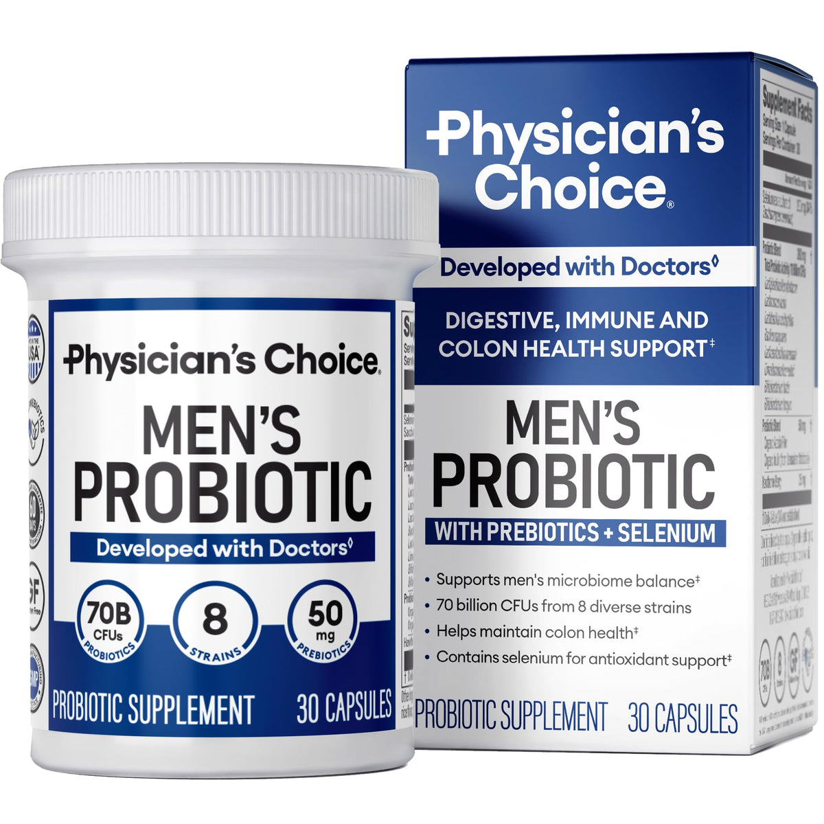 Physician's Choice Probiotics for Men bottle supports daily digestive and immune health.