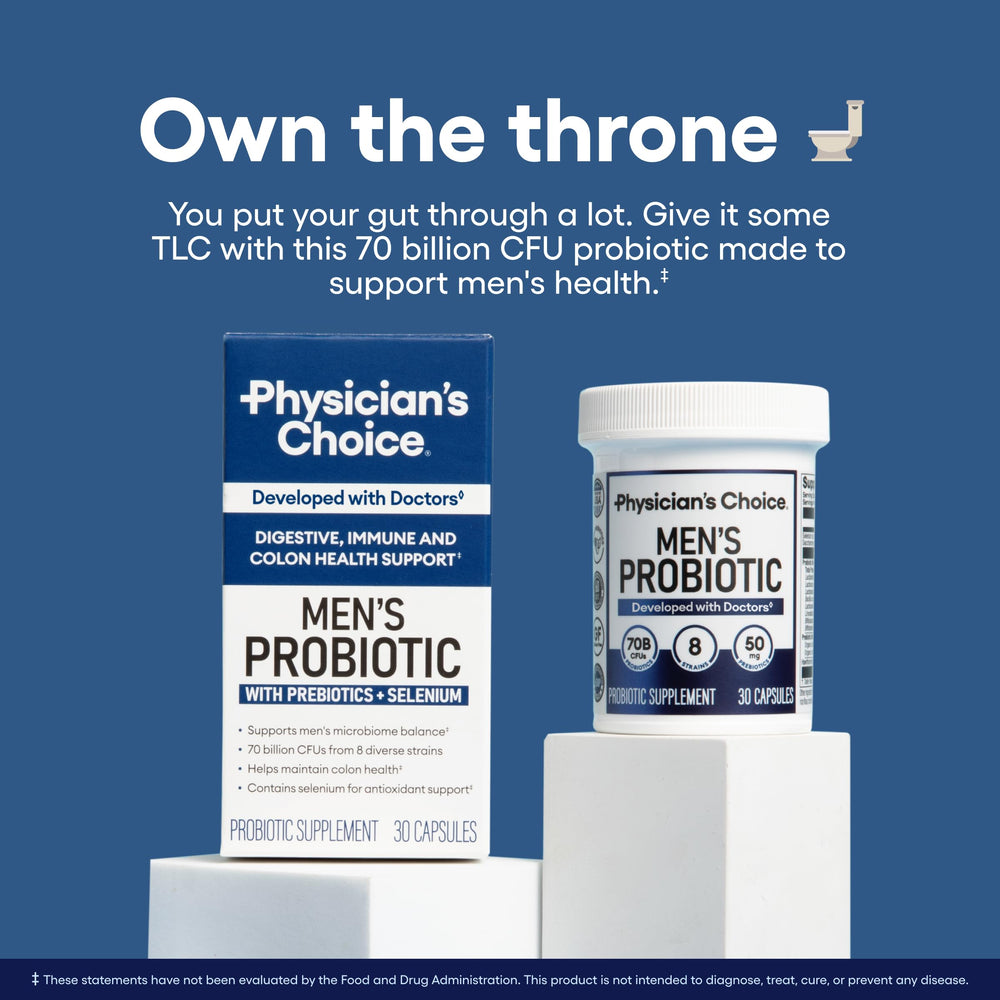 Physician's Choice Probiotics for Men capsules deliver 70B CFU for gut balance.