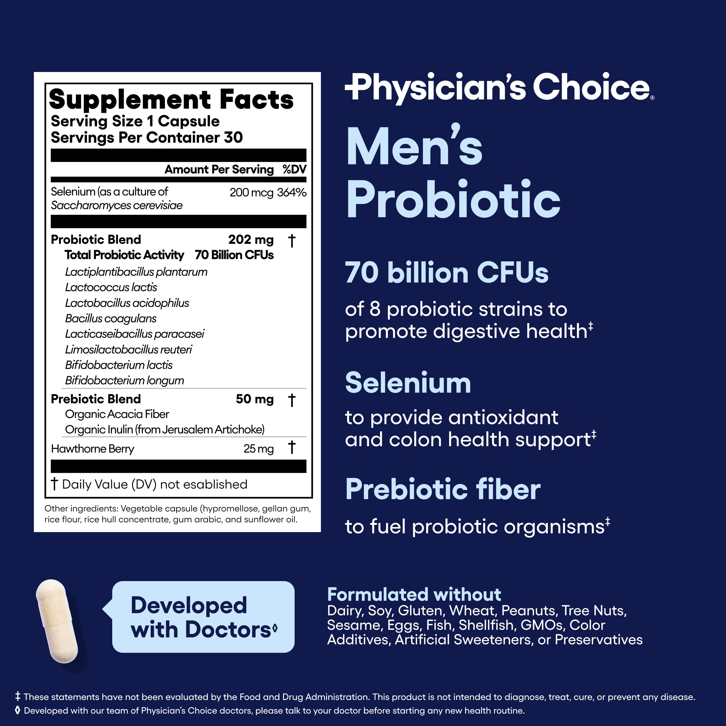 Physician's Choice Probiotics for Men organic prebiotics nourish beneficial gut microbes.