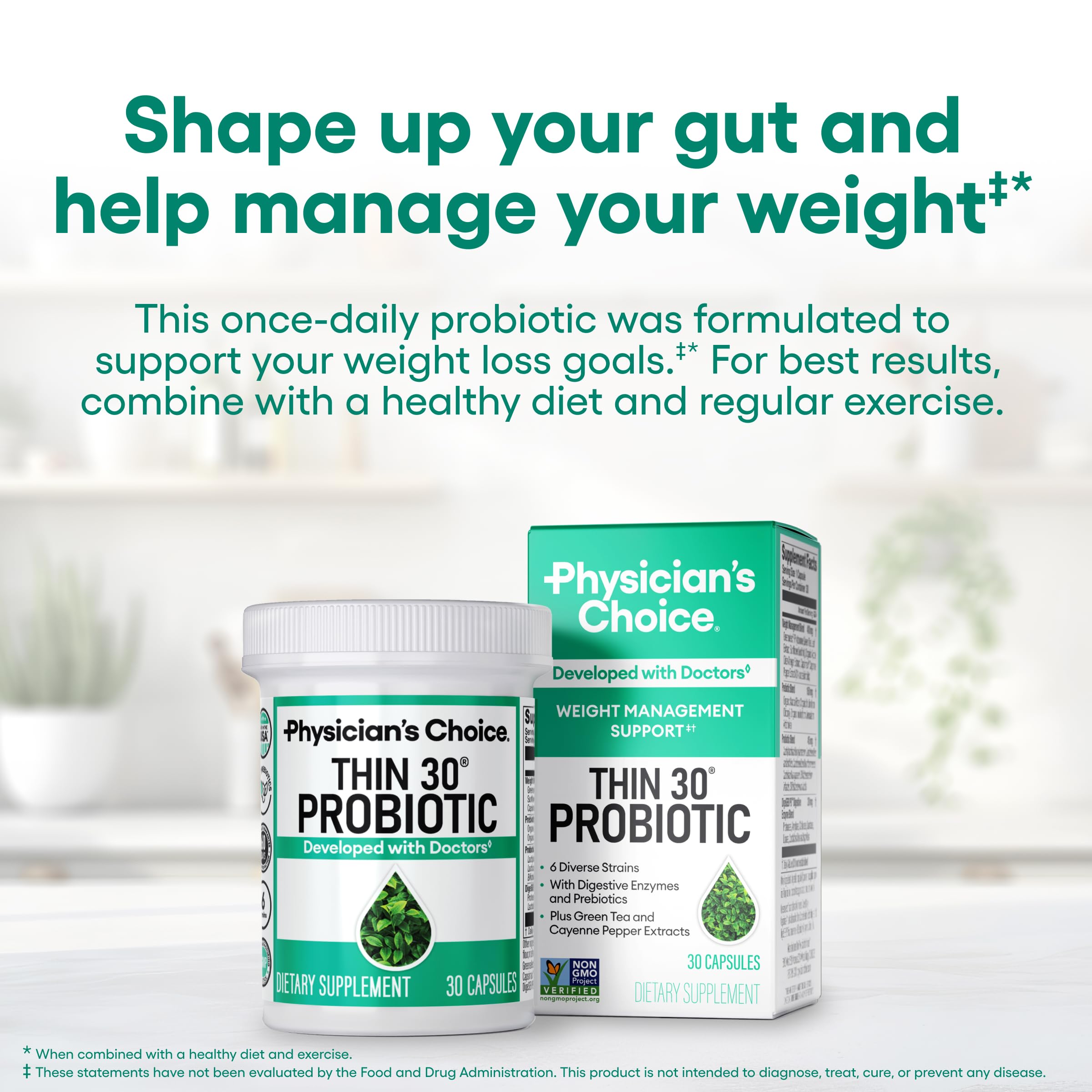 Physician's CHOICE Probiotics packaging highlights blend of probiotics and prebiotics.