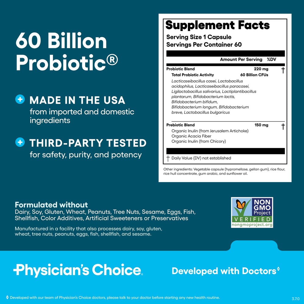 Physician's CHOICE bottle on shelf emphasizes shelf-stable probiotic formula.