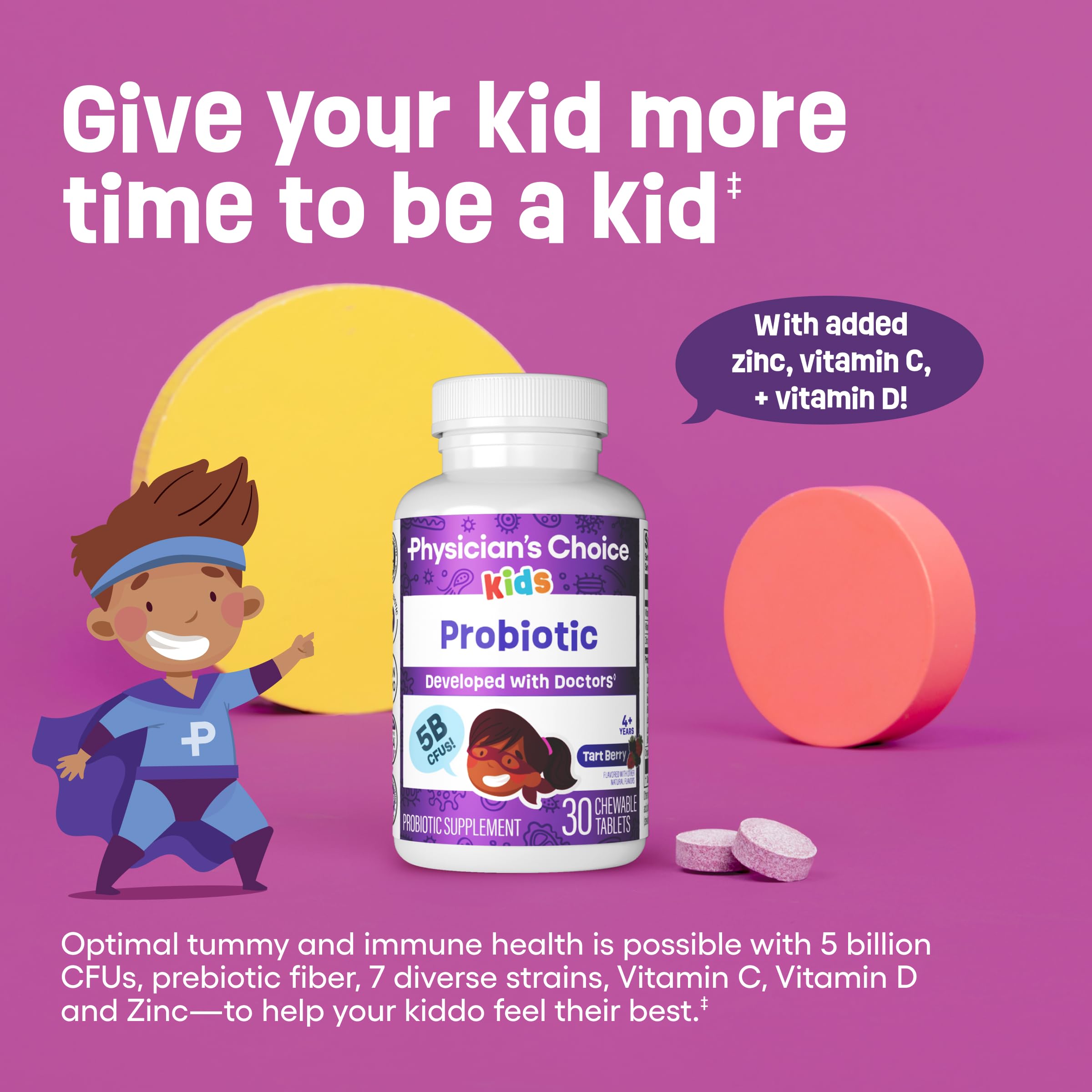 Physician's CHOICE seven-strains blend image showcasing diverse probiotic benefits for kids.