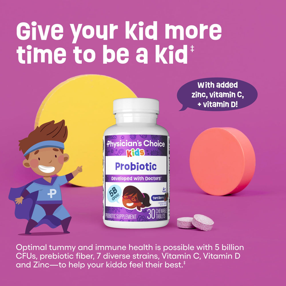 Physician's CHOICE seven-strains blend image showcasing diverse probiotic benefits for kids.