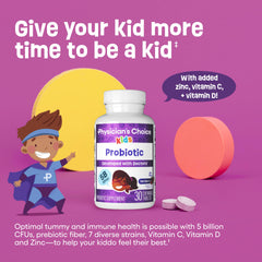 Physician's CHOICE seven-strains blend image showcasing diverse probiotic benefits for kids.