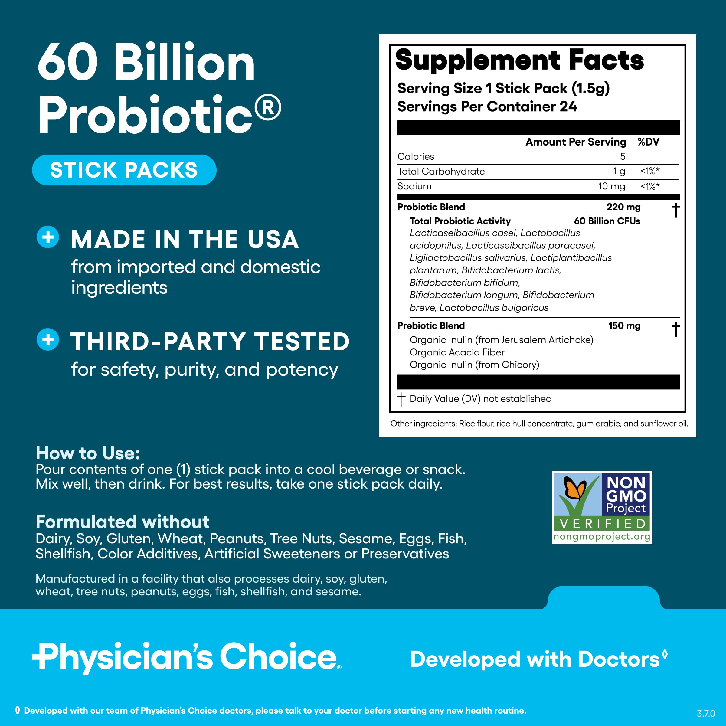 Third-party tested, USA-made probiotic sticks ensuring quality and potency.