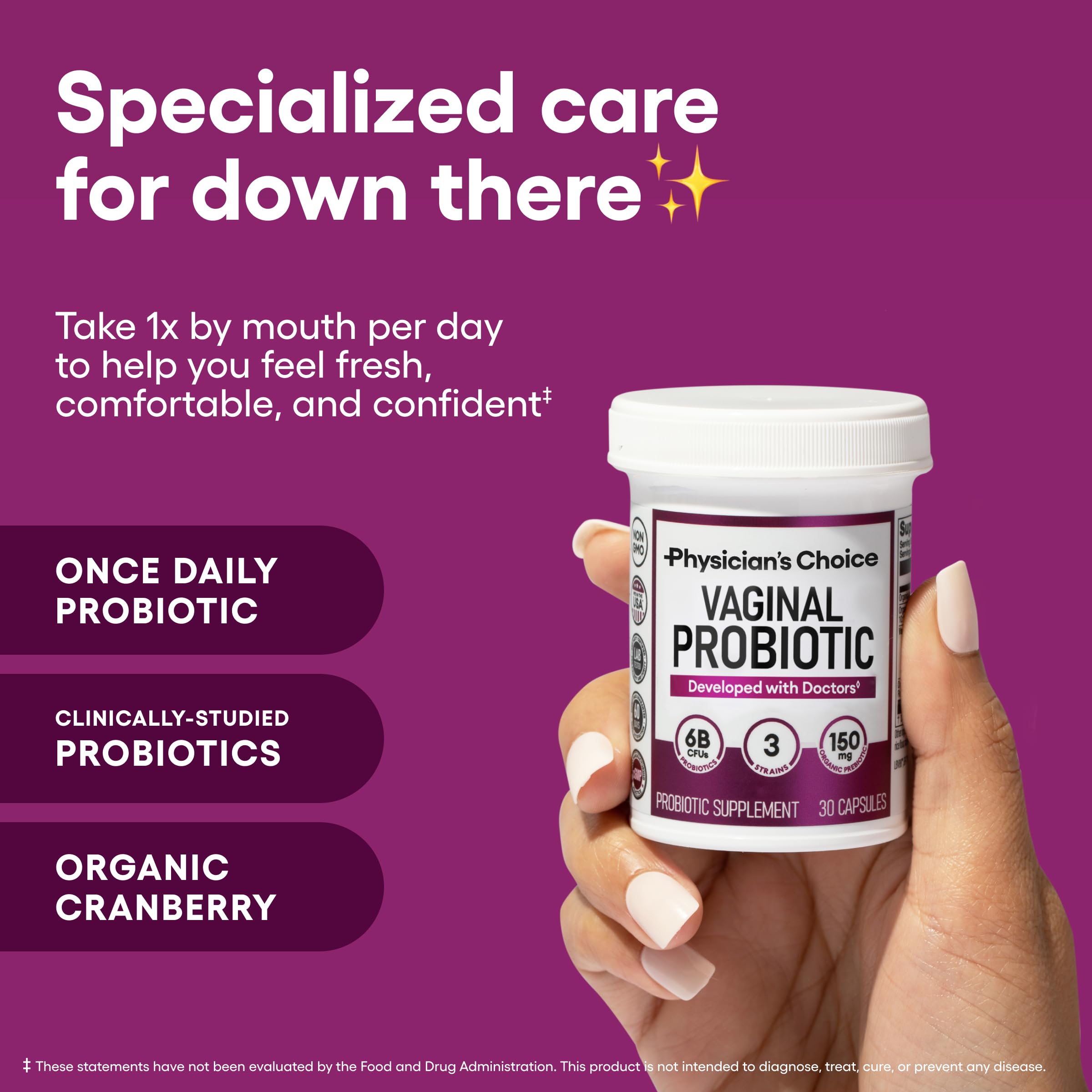Physician's CHOICE vaginal probiotics capsule closeup—easy daily dose for comfort.