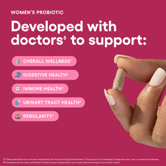 Physician's CHOICE women's probiotics packaging highlighting shelf-stable bottle for on-the-go wellness