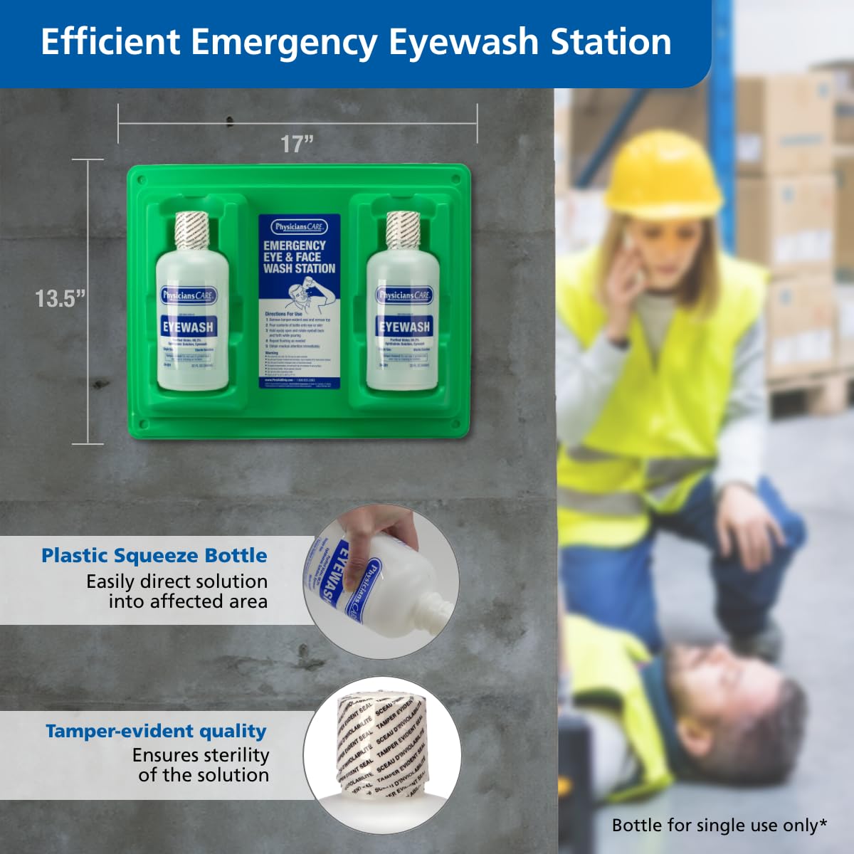 PhysiciansCare dual 32oz eye wash bottles provide ample rinsing solution