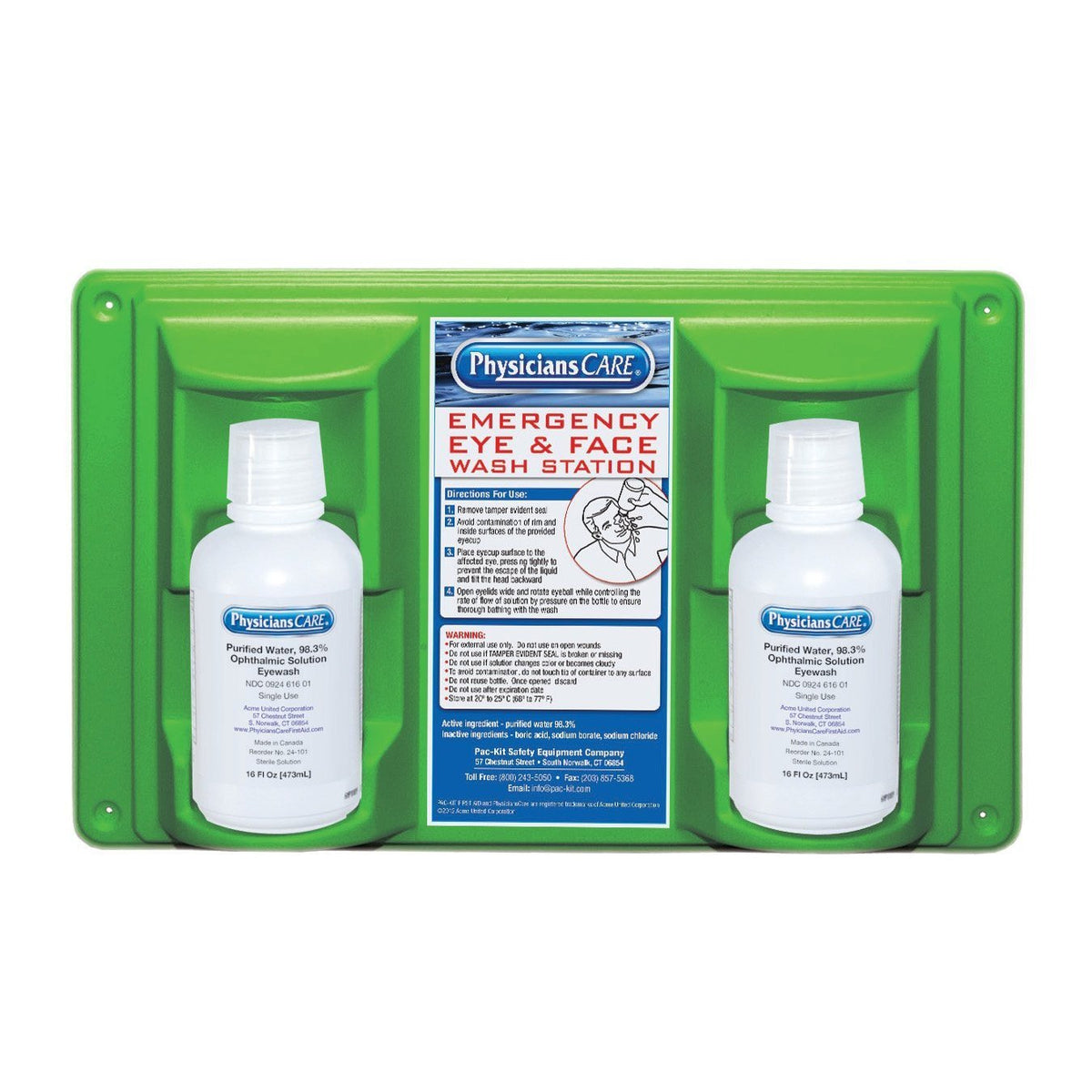 PhysiciansCare wall-mount eyewash station with two 16 oz bottles for quick eye irrigation.