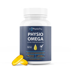 PhysioTru Omega bottle side view; supports daily vitality with citrus flavor.