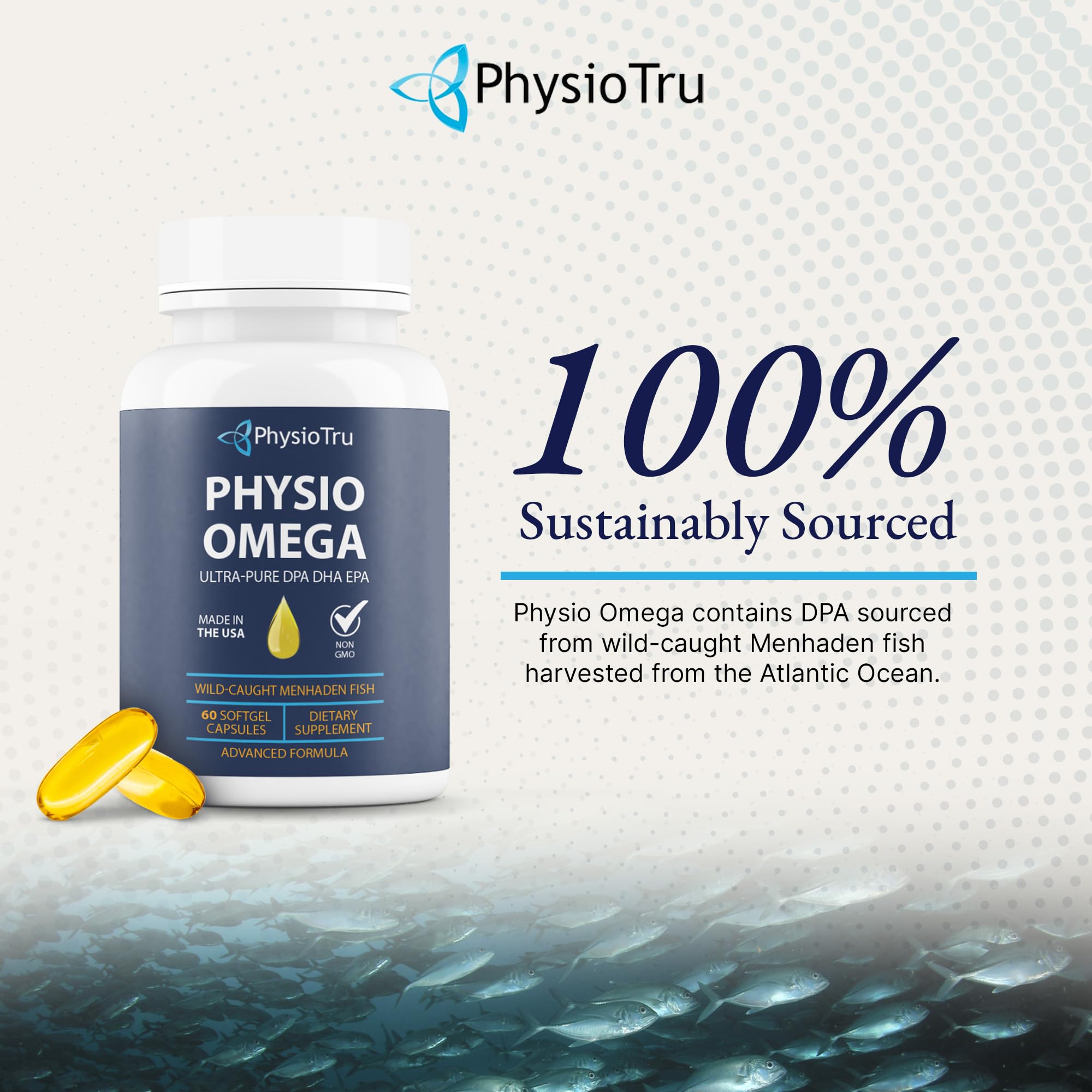 PhysioTru Omega sustainability seal; responsible sourcing for the environment.