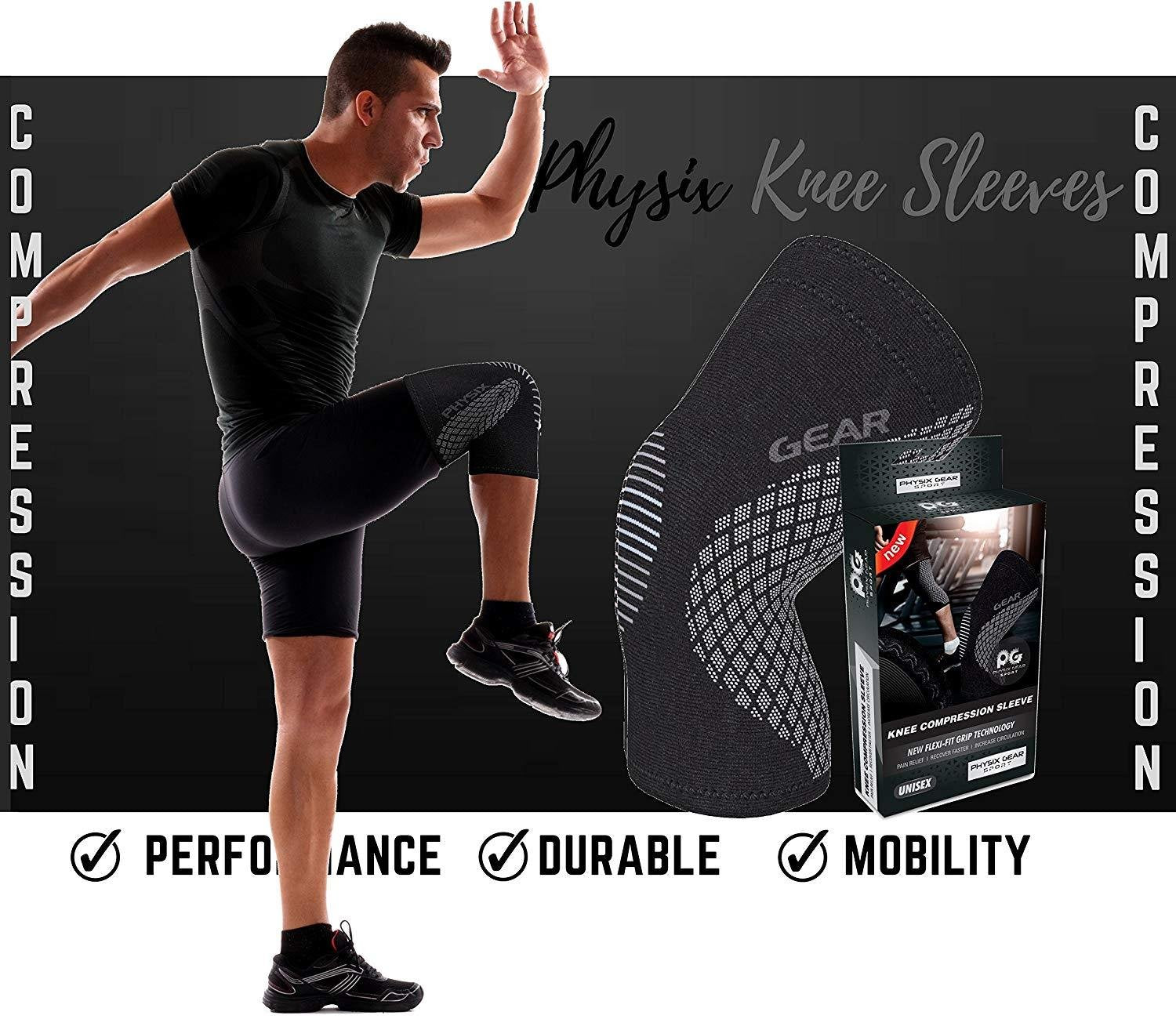 Physix Gear knee brace wrapped on leg for daily activity.