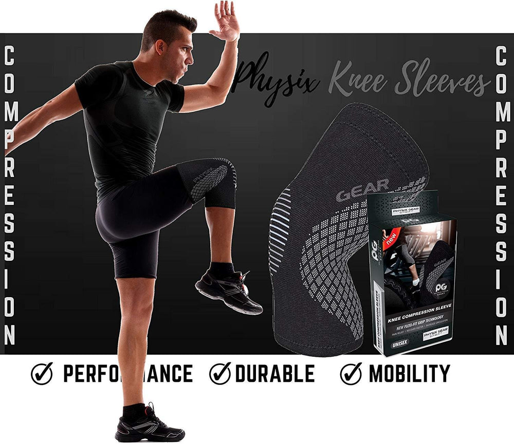 Physix Gear knee brace wrapped on leg for daily activity.