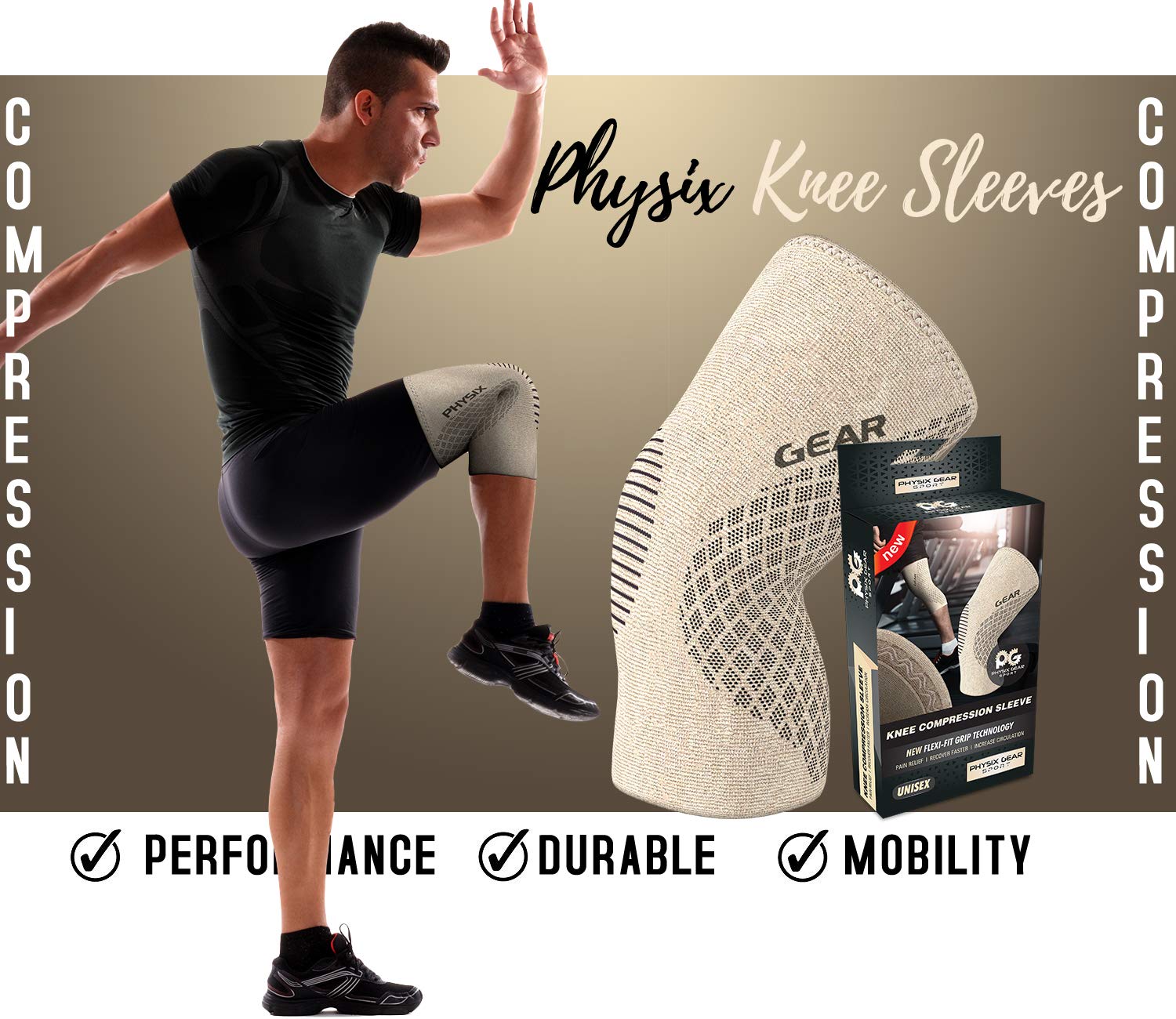 Physix Gear knee support in beige for daily activities and training