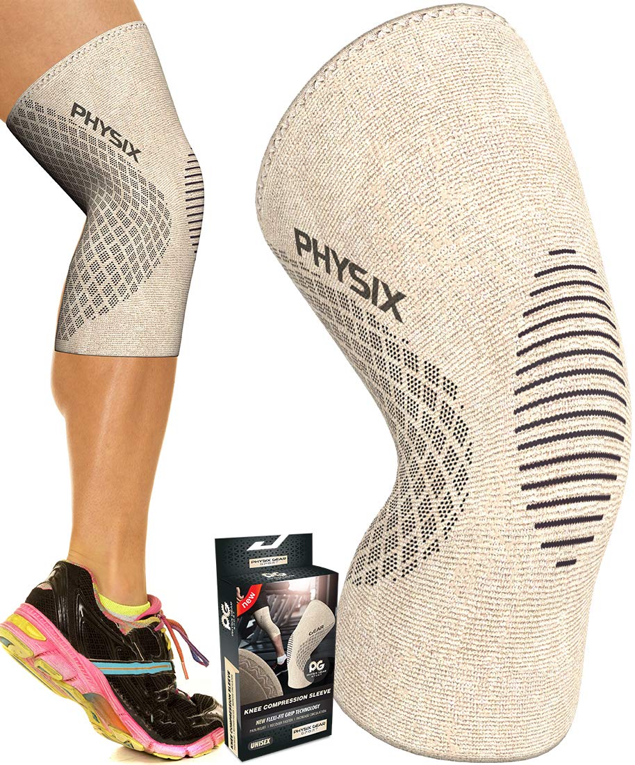 Physix Gear Knee Support Brace beige front view for enhanced knee stability during workouts