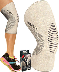 Physix Gear Knee Support Brace beige front view for enhanced knee stability during workouts