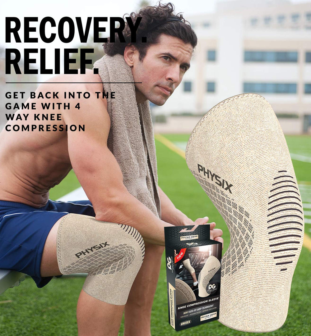 Physix Gear Knee Sleeve beige in use during light jogging
