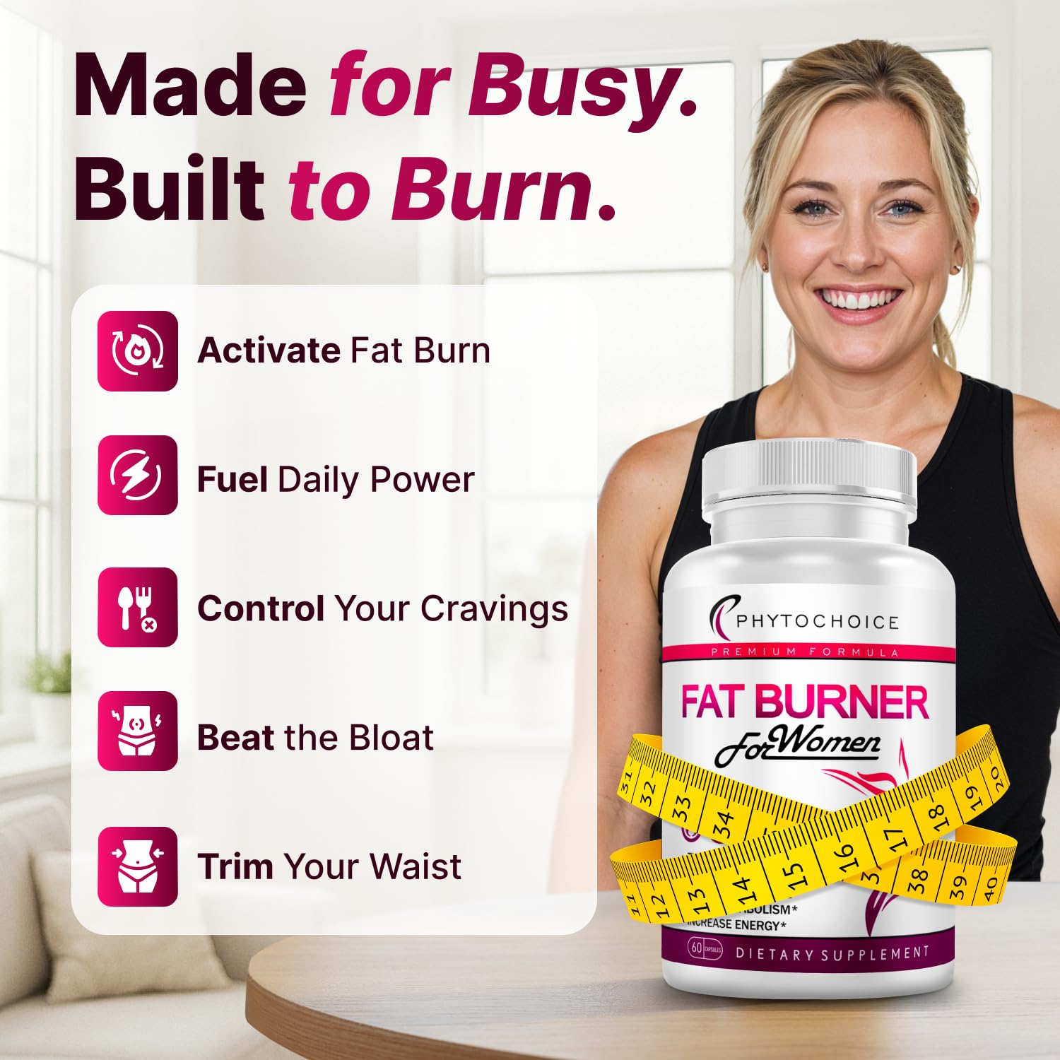 PHYTOCHOICE Belly Fat Burner bottle pour demonstrates easy dosing for consistent daily intake.