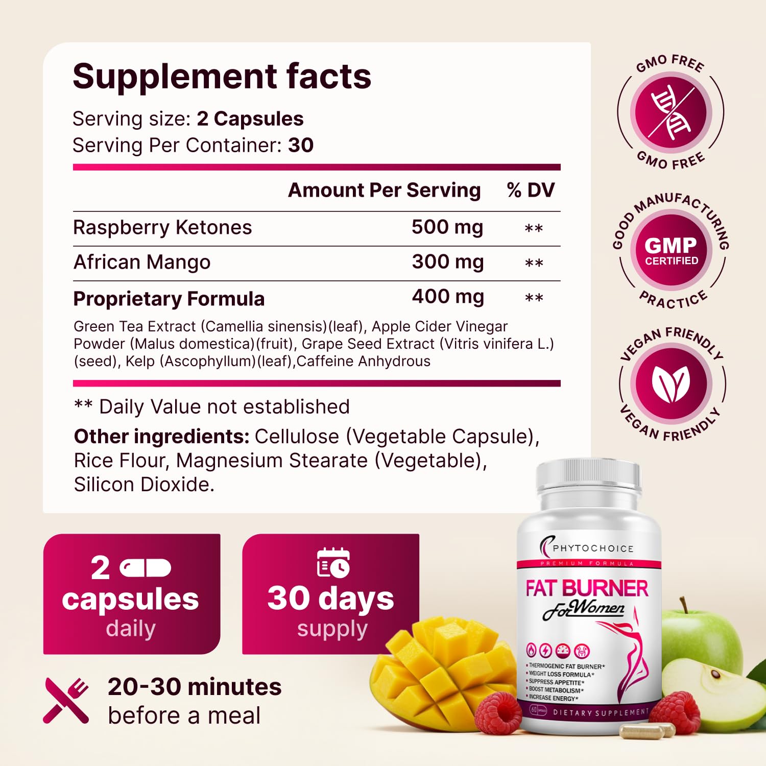 PHYTOCHOICE Belly Fat Burner capsules—compact form for convenient daily supplementation.