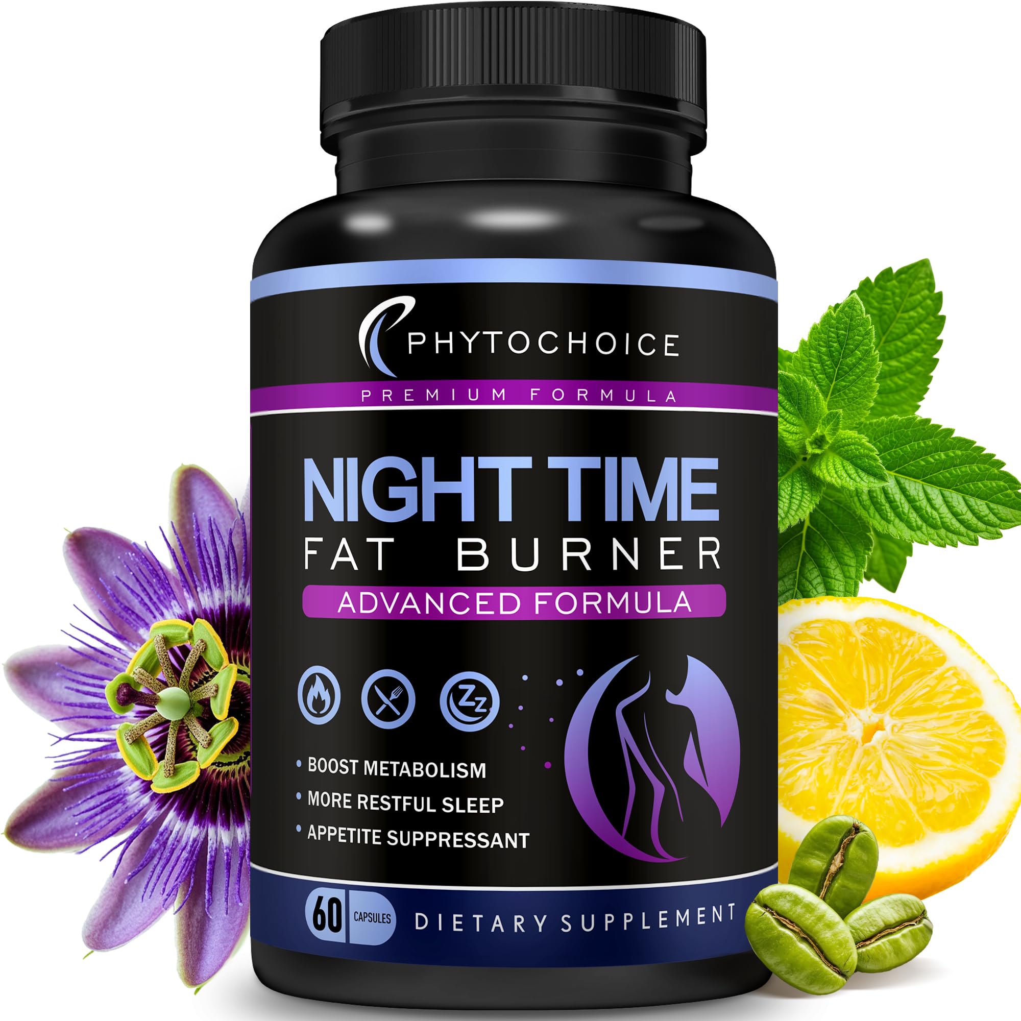 PHYTOCHOICE Night Time Fat Burner bottle shown for convenient nightly metabolism support.