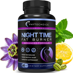 PHYTOCHOICE Night Time Fat Burner bottle shown for convenient nightly metabolism support.