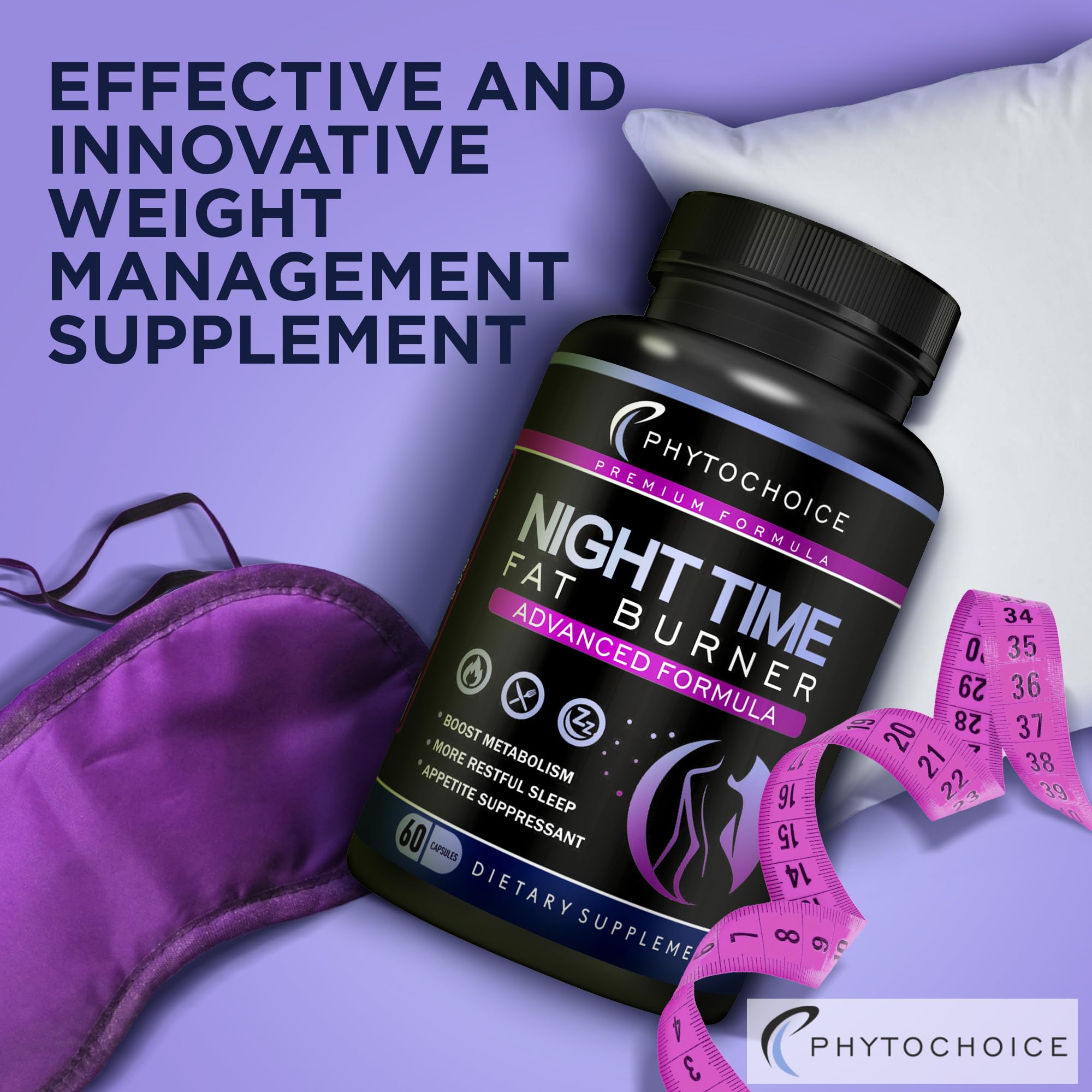 PHYTOCHOICE capsules displayed for overnight appetite control and carb blocking benefits.