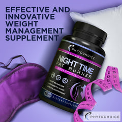 PHYTOCHOICE capsules displayed for overnight appetite control and carb blocking benefits.