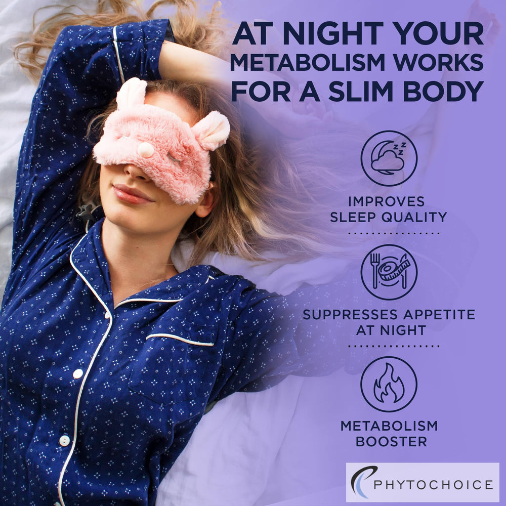 Sleep-friendly nightstand scene featuring PHYTOCHOICE Night Time Fat Burner for restful routines.