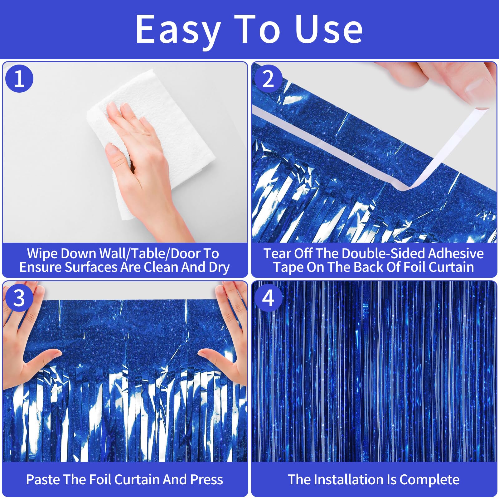Picoway blue curtain with double-sided tape enables quick, clean setup