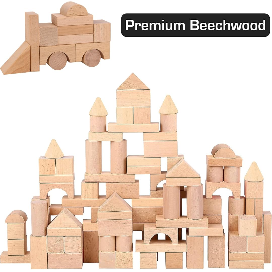 Pidoko Kids natural beech wood blocks provide durable, safe stacking play.