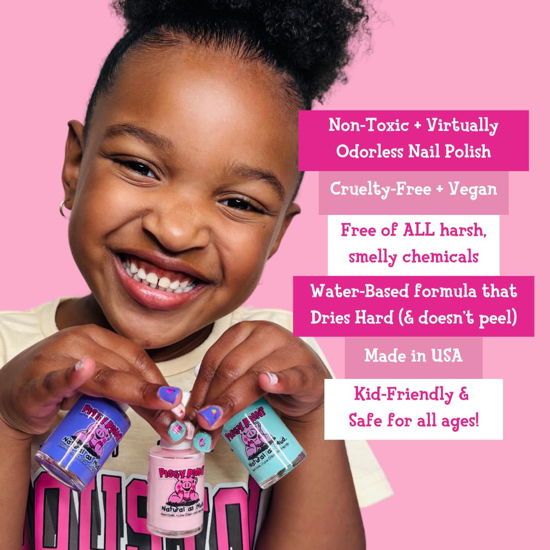Piggy Paint odorless water-based polish emphasizes low-odor experience for children.