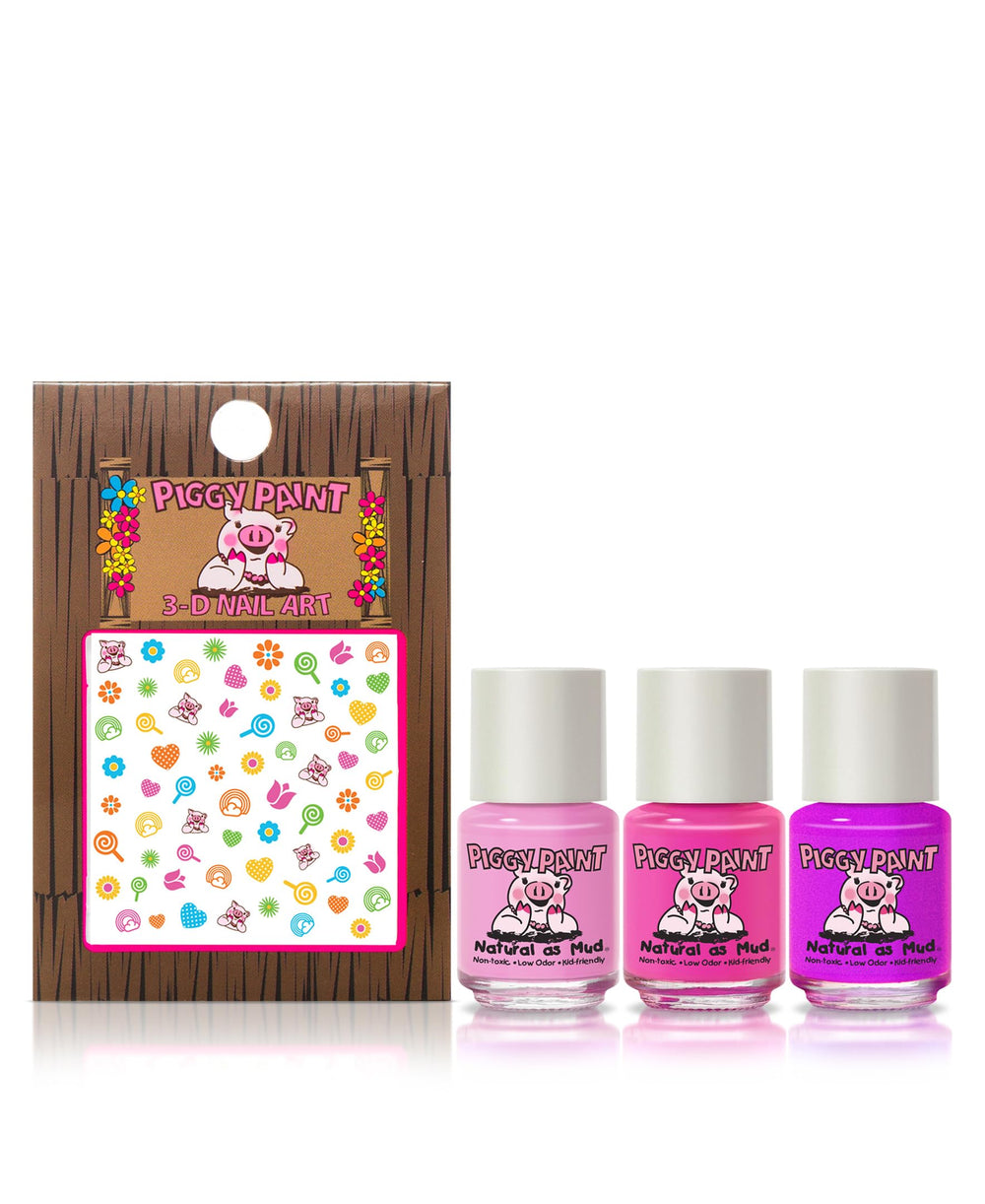 Piggy Paint Rainbow Party nail art stickers add a playful finish.
