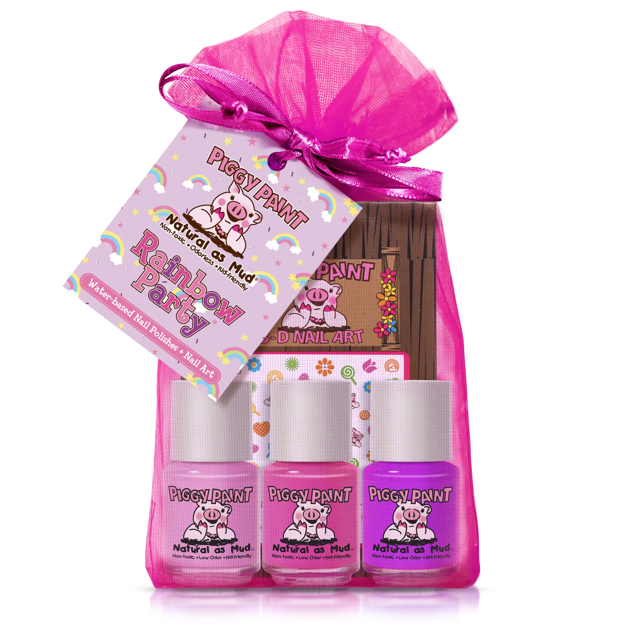 Piggy Paint Rainbow Party polish bottles show colorful trio for kids' manicures.