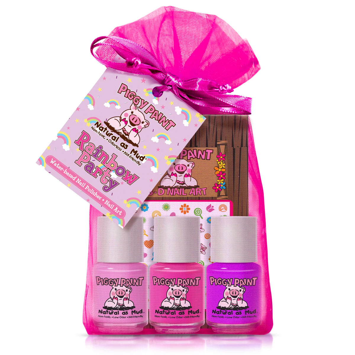 Piggy Paint Rainbow Party polish bottles show colorful trio for kids' manicures.