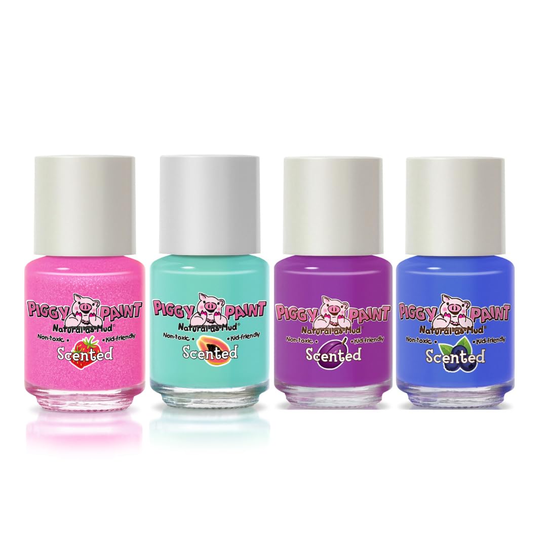 Piggy Paint Scented Fruit Fairy 4-Pack kit back view displays safety notes and ingredients.