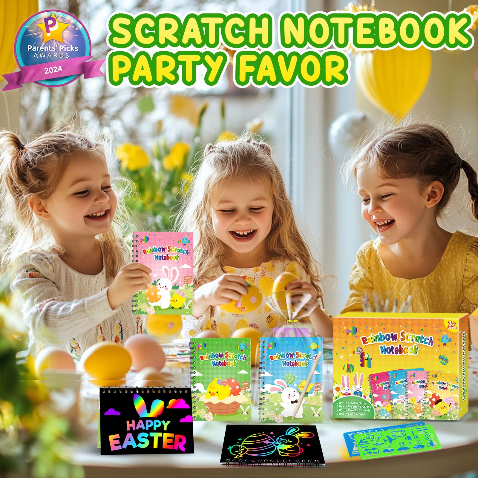 Pigipigi Kids rainbow scratch pads with stencils spark creative doodling and color recognition.