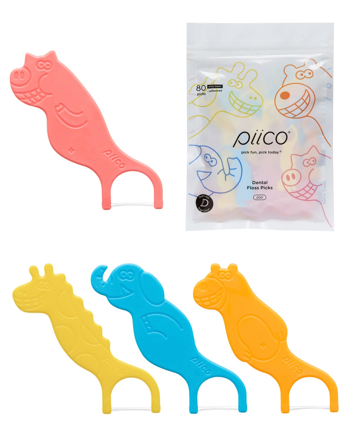 Piico unflavored kids floss dual-line picks in Zoo design promote easy, colorful flossing.