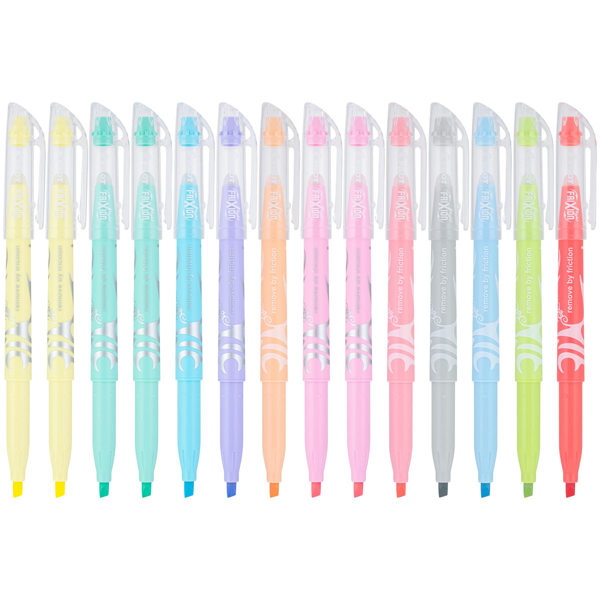 PILOT FriXion Light Pastel highlighters 14-pack pack shot, erasable colors for study notes.