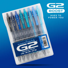 Pilot G2 Boost blue pens on notebook for note-taking and planning.