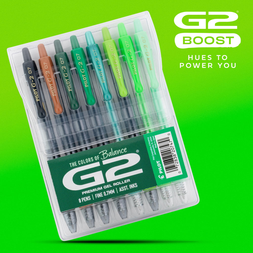 PILOT G2 Boost Greens pack display highlights the eight-color greens assortment.