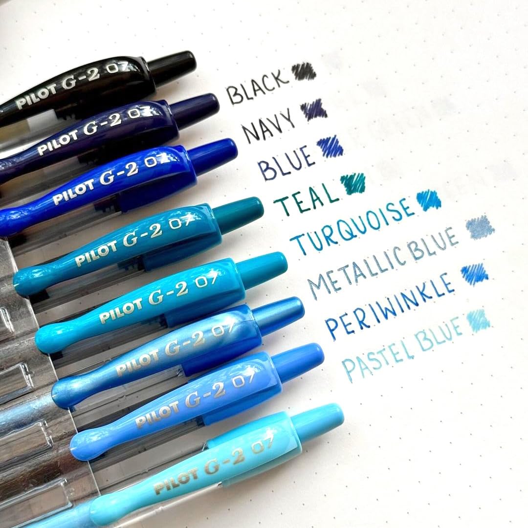 Pilot G2 Boost pastel blue and periwinkle for calm journaling.