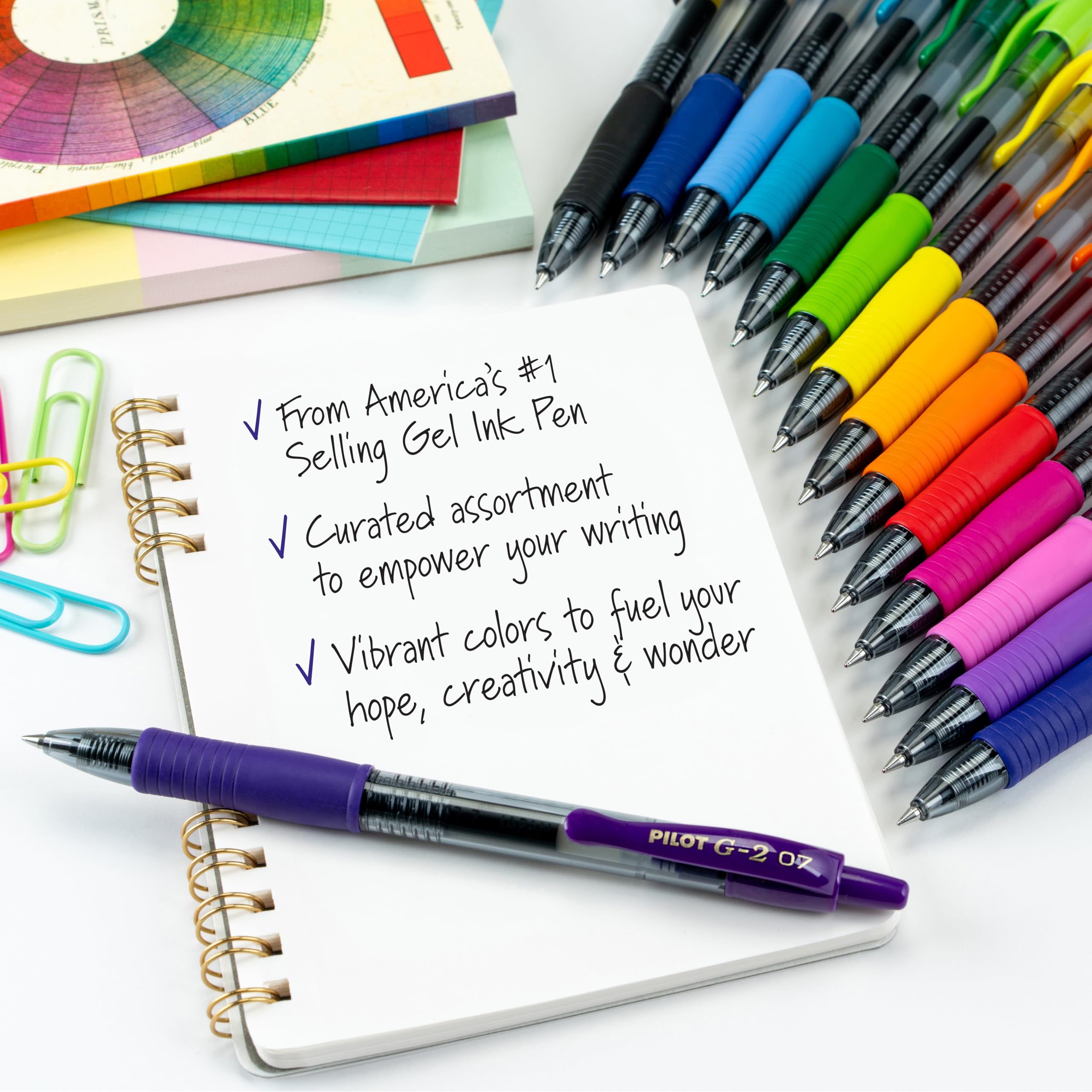 PILOT G2 Rainbow Colors Pack pens lined up for color-coded planning and journaling.