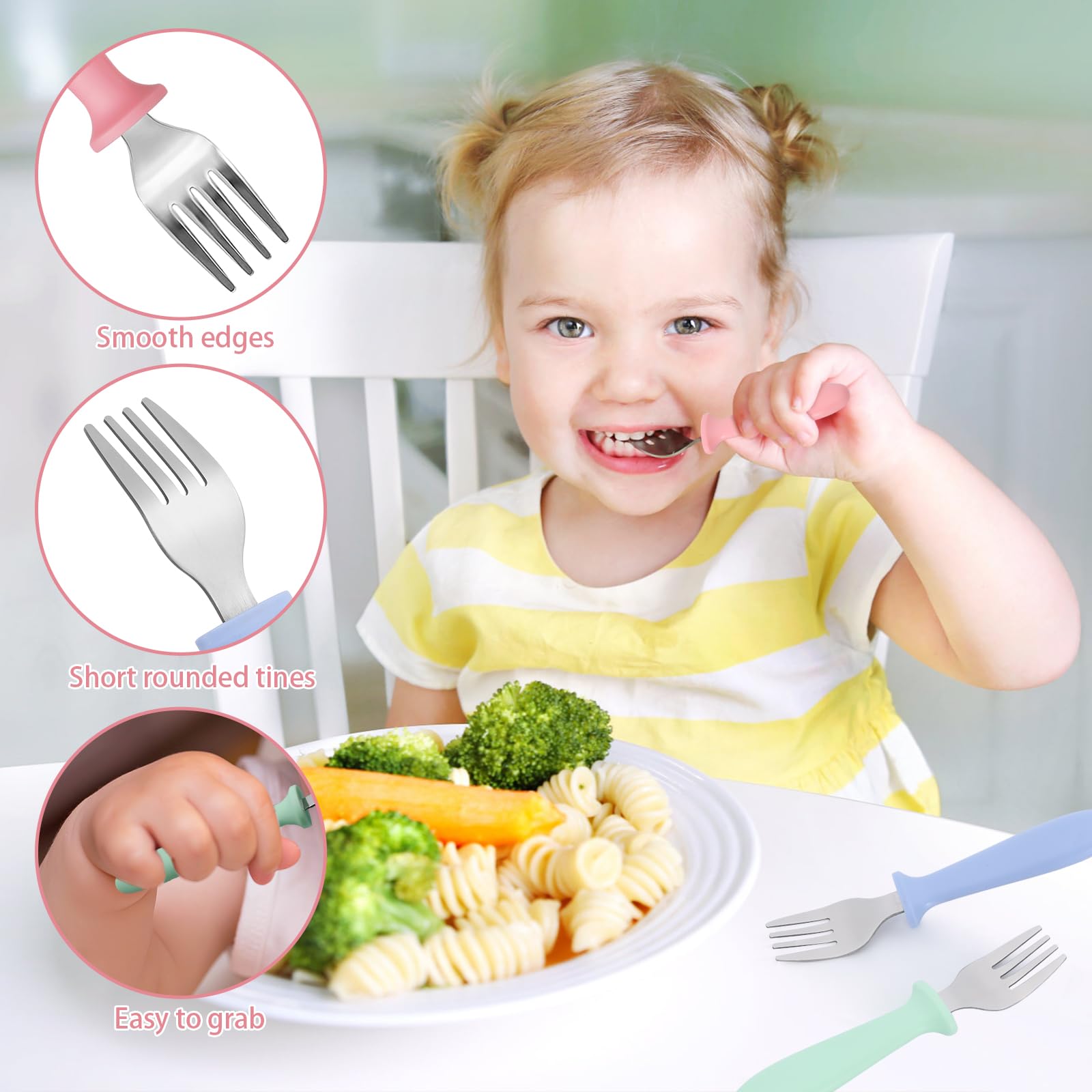 Pimoys child-friendly rounded tines prevent over-insertion for safer meals.