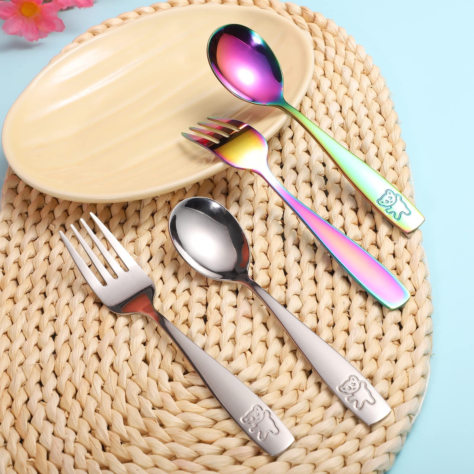 Pimoys rainbow flatware supports gradual self-feeding and independence.
