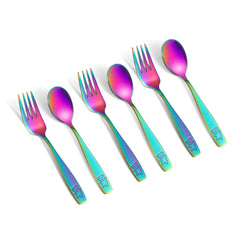 Pimoys rainbow toddler utensils set with bear engraving for engaging mealtimes.