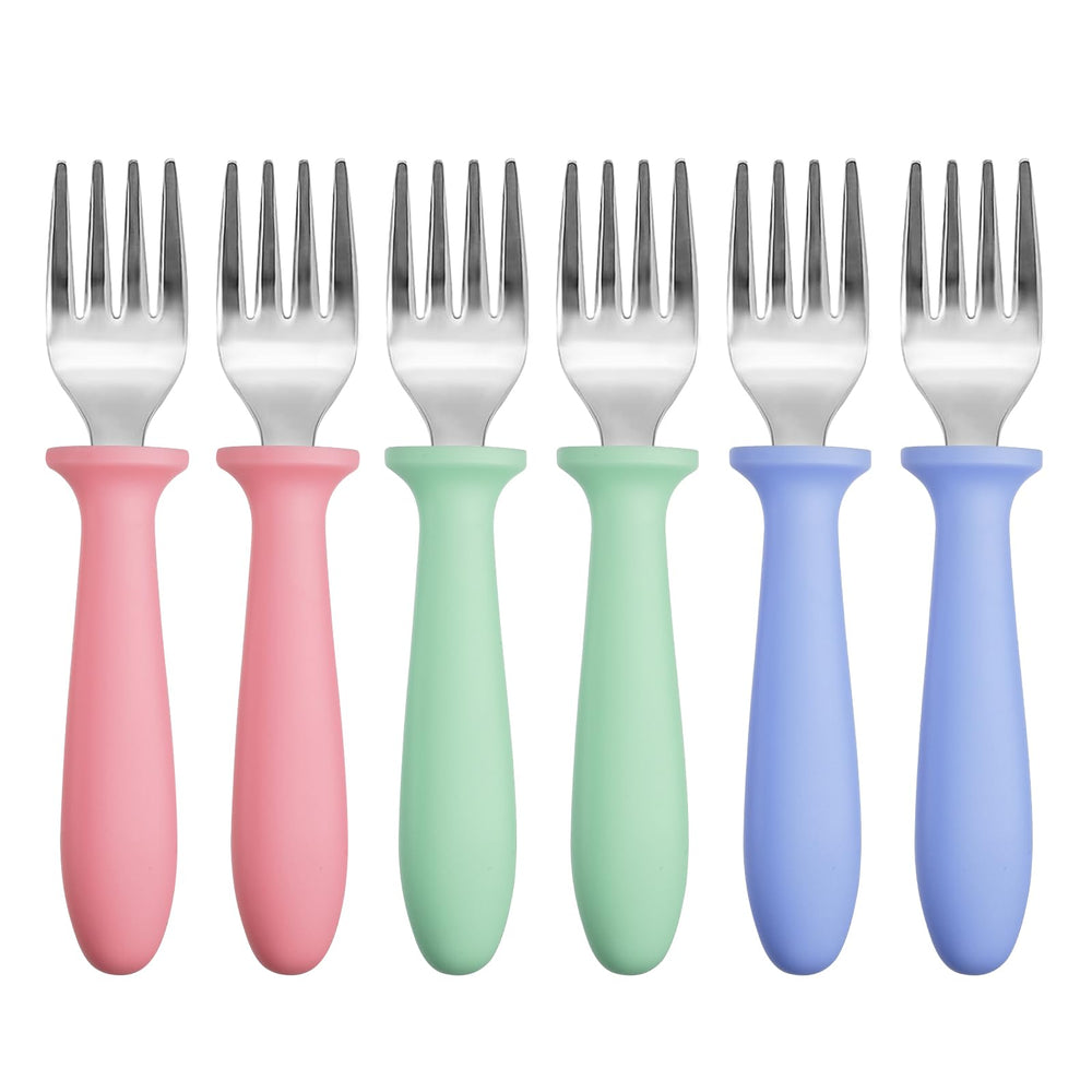 Pimoys toddler fork set with plastic handles for easy self-feeding and safe design.