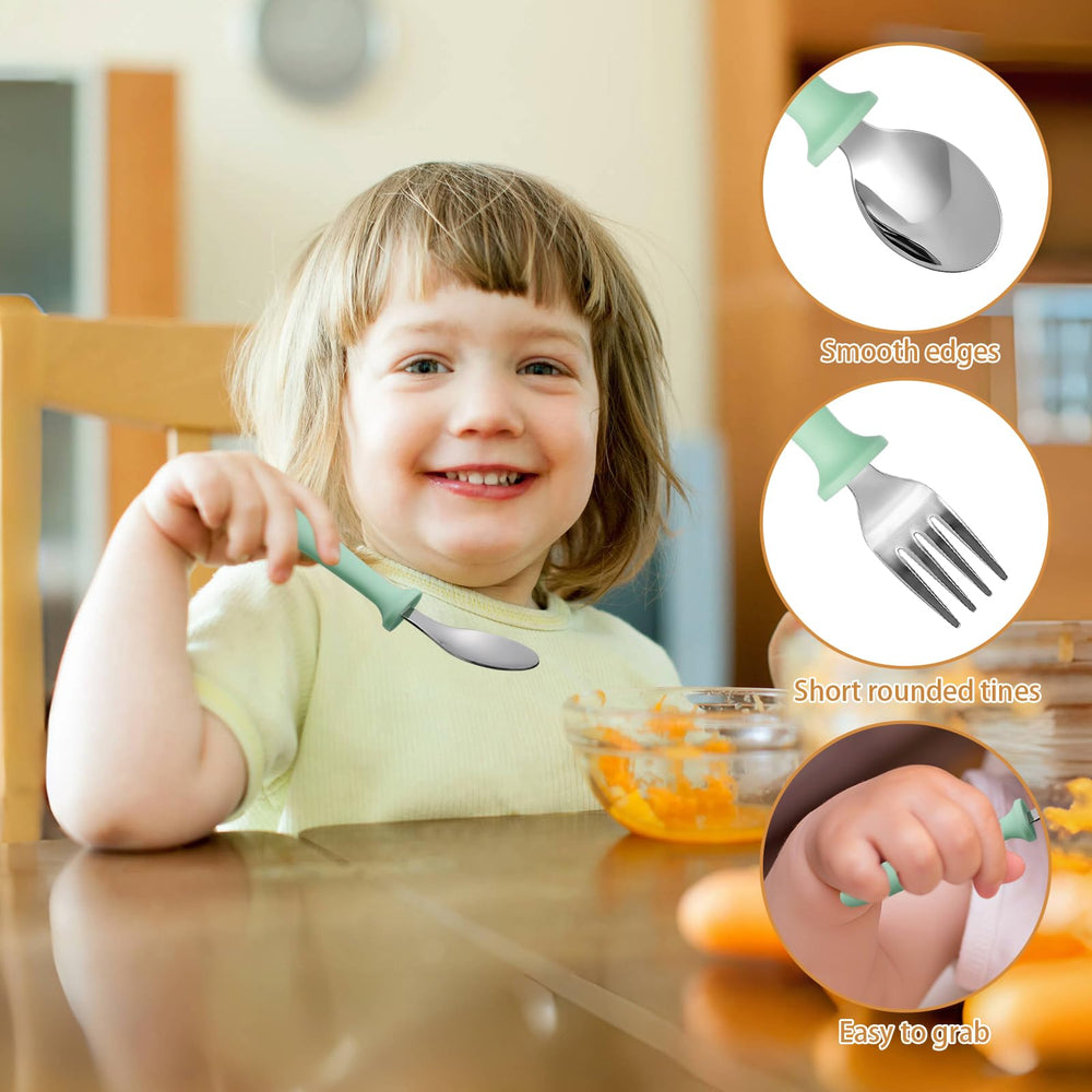 Pimoys dishwasher-safe toddler utensils for easy cleaning after meals.
